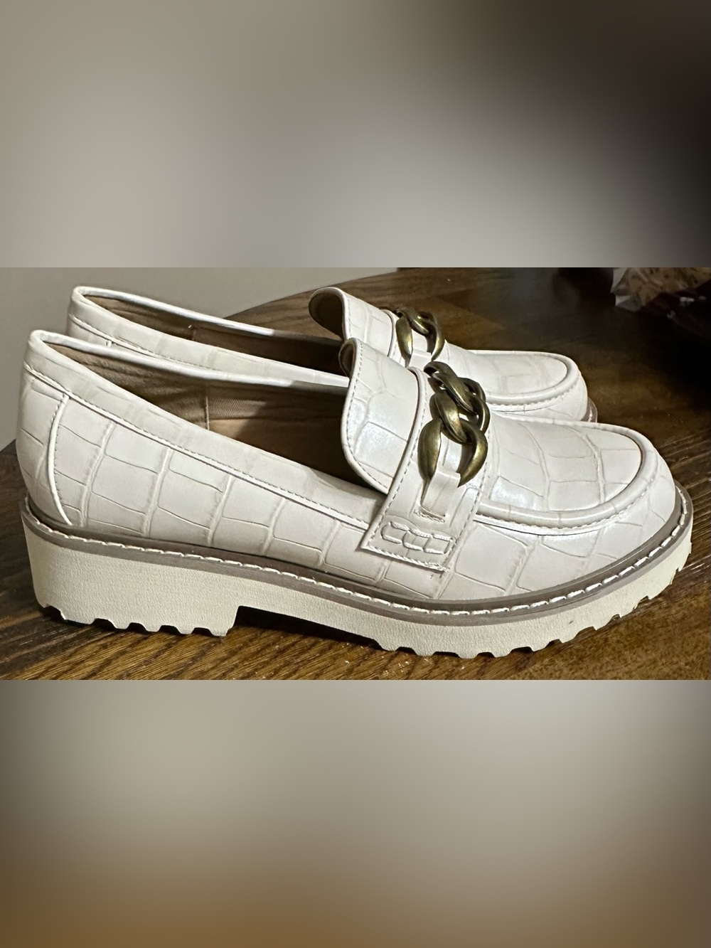 Corkys Cream Croc-Embossed Loafers with Gold Chain Accent